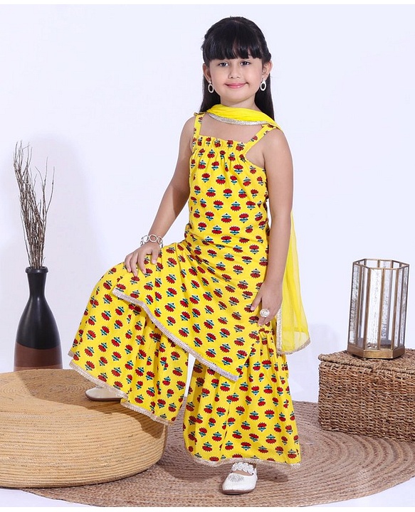 Babyhug Singlet Sleeves Kurta and Sharara Set with Lace Border Dupatta Floral Print - Yellow
