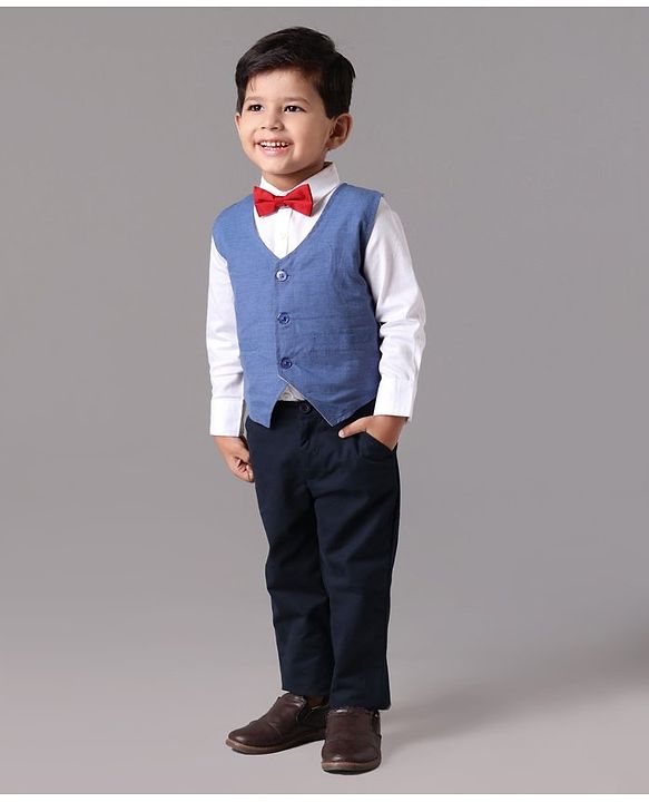 Babyhug  3 Pieces Full Sleeves Party Suit With Bow - Light Blue Black White
