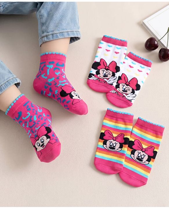 Cutewalk by Babyhug Disney Anti Bacterial Ankle Length Socks Minnie Mouse Print Pack of 3 - Pink White Mutlicolor
