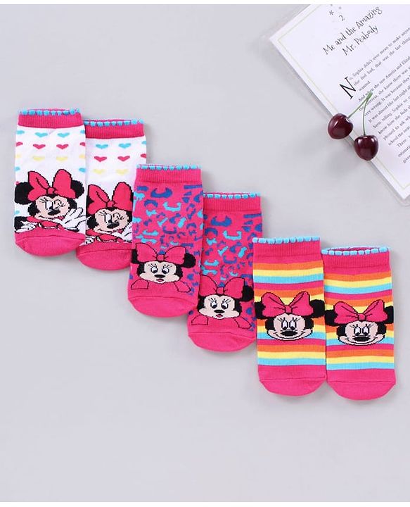 Cutewalk by Babyhug Disney Anti Bacterial Ankle Length Socks Minnie Mouse Print Pack of 3 - Pink White Mutlicolor