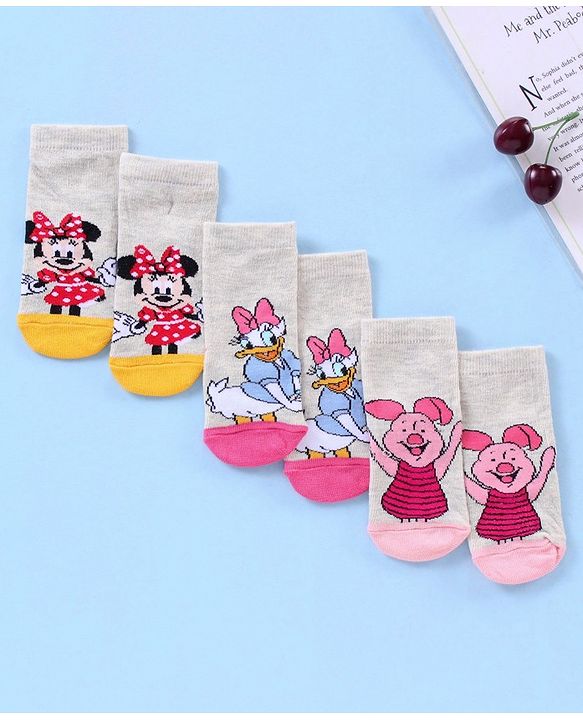 Cute Walk by Babyhug Anti Bacterial Ankle Length Socks Disney Cartoon Characters Print Pack of 3 - Grey Pink Red