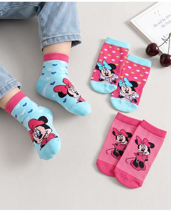 Cute Walk by Babyhug Anti Bacterial Ankle Length Socks Minnie Mouse Print Pack of 3 - Pink Blue