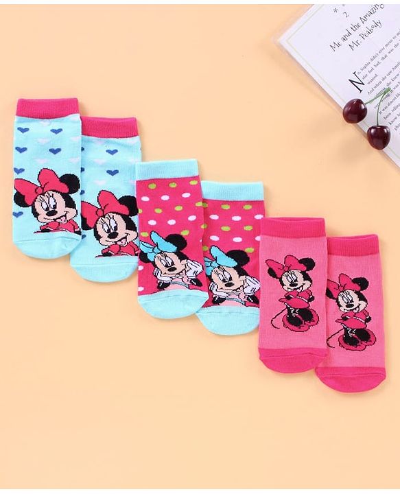 Cute Walk by Babyhug Anti Bacterial Ankle Length Socks Minnie Mouse Print Pack of 3 - Pink Blue