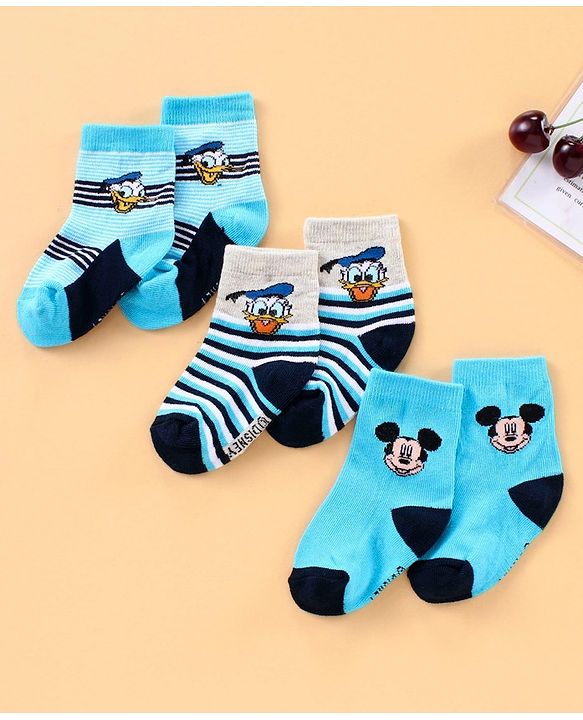Cute Walk by Babyhug Ankle Length Antibacterial Socks Disney Design Pack of 3 - Blue