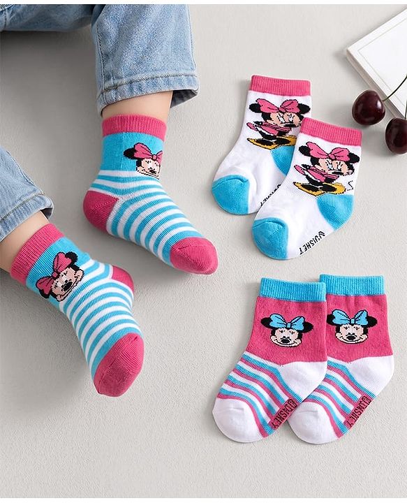 Cute Walk by Babyhug Ankle Length Antibacterial Socks Minnie Mouse Design Pack of 3 - Blue Pink