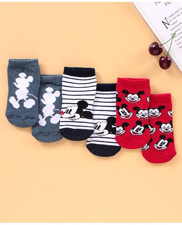 Cute Walk by Babyhug Cotton Blend Ankle Length Anti Bacterial Socks Mickey Mouse Design Pack of 3 - Grey Red
