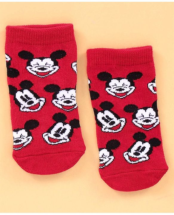 Cute Walk by Babyhug Cotton Blend Ankle Length Anti Bacterial Socks Mickey Mouse Design Pack of 3 - Grey Red