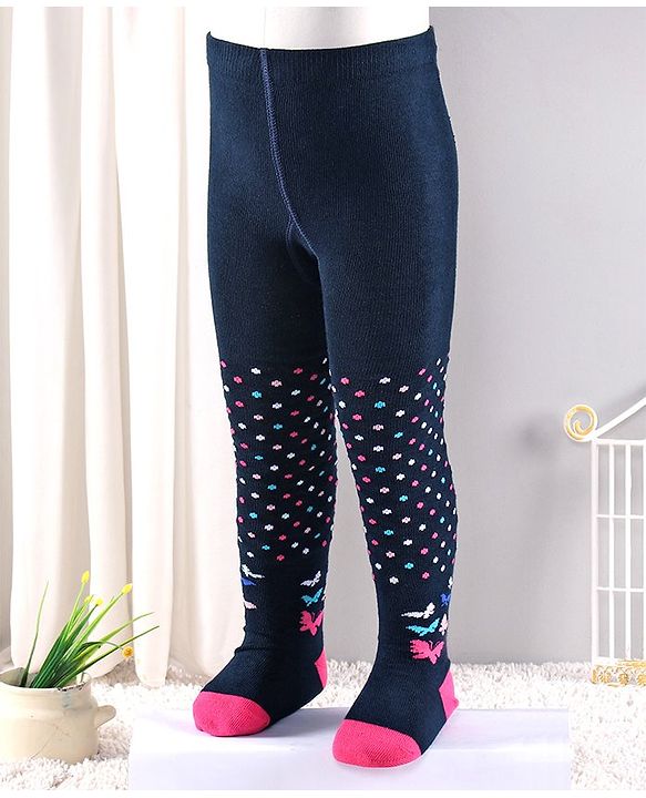 Cutewalk by Babyhug Anti Bacterial Tights Floral Design - Navy Blue