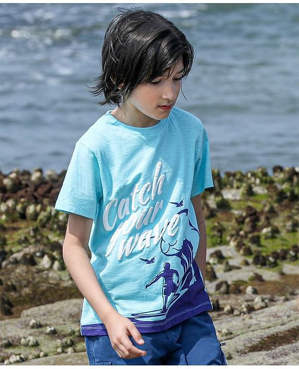 Pine Kids Half Sleeves Biowash Tee Wave Print - Light Blue