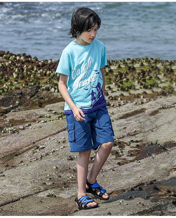 Pine Kids Half Sleeves Biowash Tee Wave Print - Light Blue