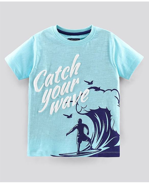 Pine Kids Half Sleeves Biowash Tee Wave Print - Light Blue