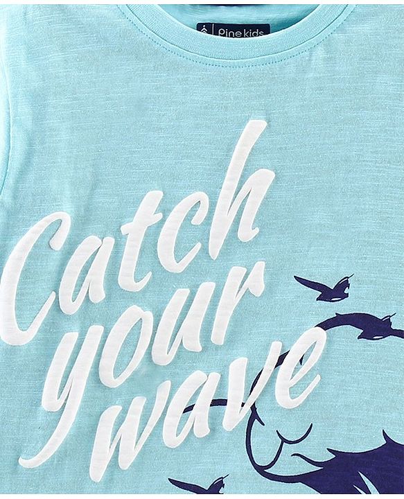Pine Kids Half Sleeves Biowash Tee Wave Print - Light Blue