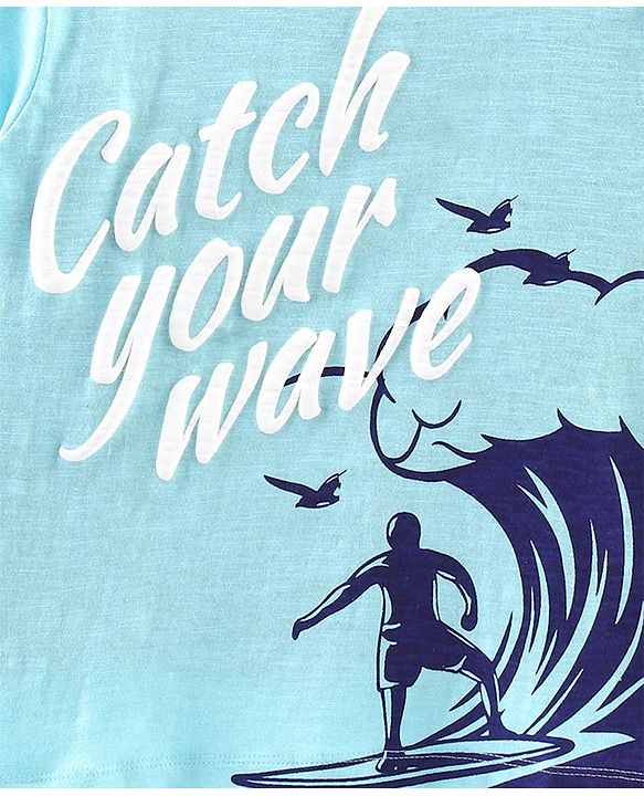 Pine Kids Half Sleeves Biowash Tee Wave Print - Light Blue
