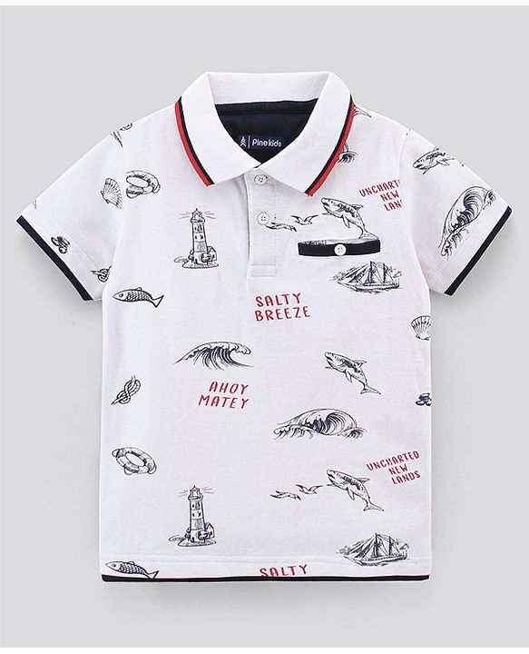 Pine Kids Biowash Half Sleeves Tee Marine Life Print - White