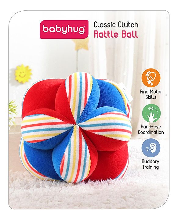 Babyhug Soft Rattle Ball for Infants|Multi-Texture Cotton Fabric with Gentle Sound|Stimulates Sensory, Motor & Visual Development|Lightweight & Easy to Grasp|BIS|Ideal Gift|3+ Months|Multicolor