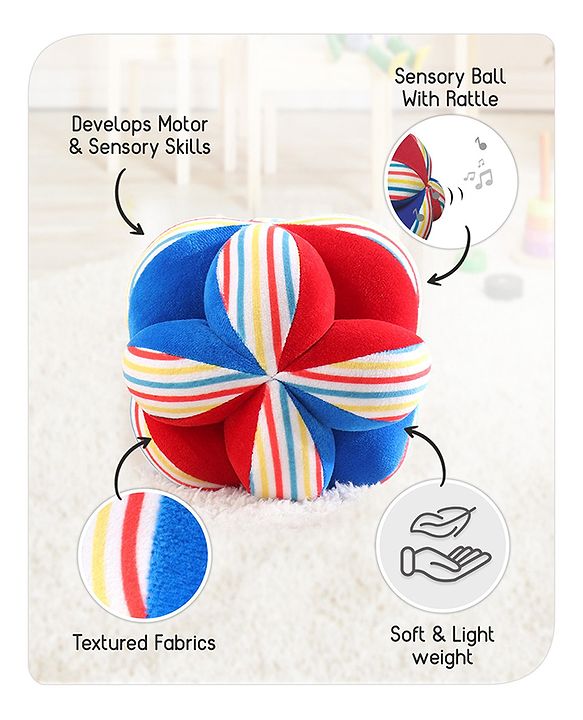 Babyhug Soft Rattle Ball for Infants|Multi-Texture Cotton Fabric with Gentle Sound|Stimulates Sensory, Motor & Visual Development|Lightweight & Easy to Grasp|BIS|Ideal Gift|3+ Months|Multicolor