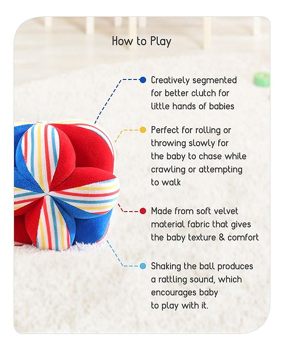 Babyhug Soft Rattle Ball for Infants|Multi-Texture Cotton Fabric with Gentle Sound|Stimulates Sensory, Motor & Visual Development|Lightweight & Easy to Grasp|BIS|Ideal Gift|3+ Months|Multicolor