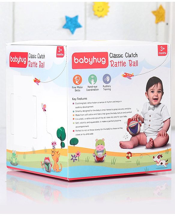 Babyhug Soft Rattle Ball for Infants|Multi-Texture Cotton Fabric with Gentle Sound|Stimulates Sensory, Motor & Visual Development|Lightweight & Easy to Grasp|BIS|Ideal Gift|3+ Months|Multicolor