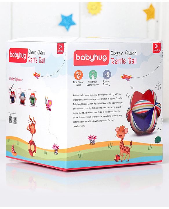 Babyhug Soft Rattle Ball for Infants|Multi-Texture Cotton Fabric with Gentle Sound|Stimulates Sensory, Motor & Visual Development|Lightweight & Easy to Grasp|BIS|Ideal Gift|3+ Months|Multicolor