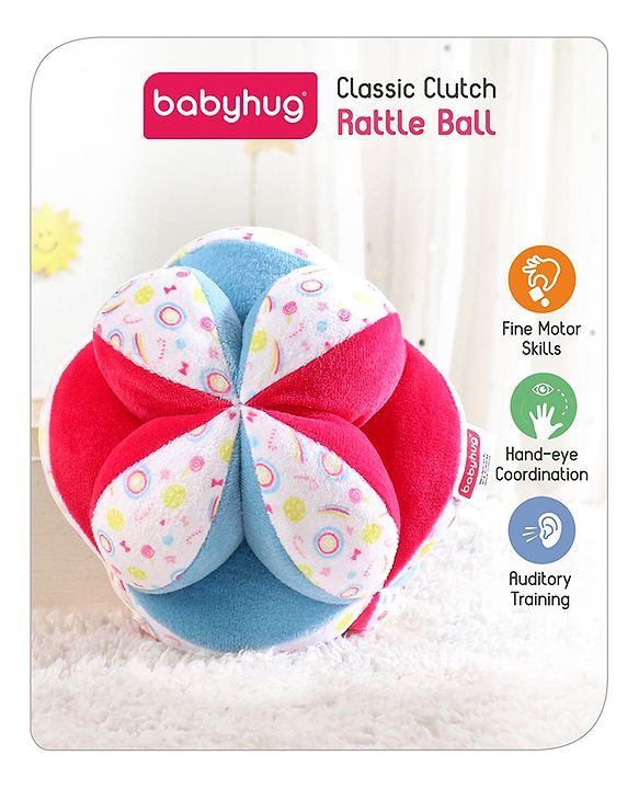 Babyhug Soft Rattle Ball for Infants|Multi-Texture Cotton Fabric with Gentle Sound|Stimulates Sensory, Motor & Visual Development|Lightweight & Easy to Grasp|BIS|Ideal Gift|3+ Months|Multicolor