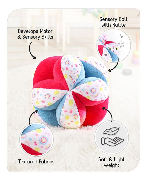 Babyhug Soft Rattle Ball for Infants|Multi-Texture Cotton Fabric with Gentle Sound|Stimulates Sensory, Motor & Visual Development|Lightweight & Easy to Grasp|BIS|Ideal Gift|3+ Months|Multicolor