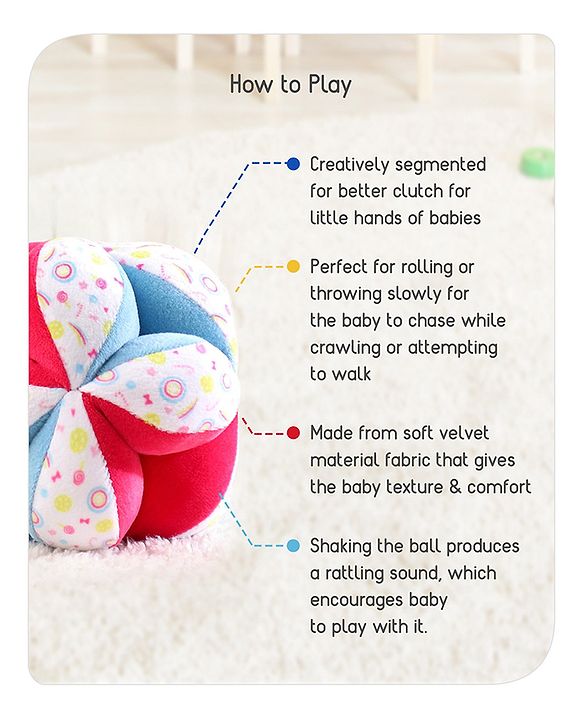 Babyhug Soft Rattle Ball for Infants|Multi-Texture Cotton Fabric with Gentle Sound|Stimulates Sensory, Motor & Visual Development|Lightweight & Easy to Grasp|BIS|Ideal Gift|3+ Months|Multicolor