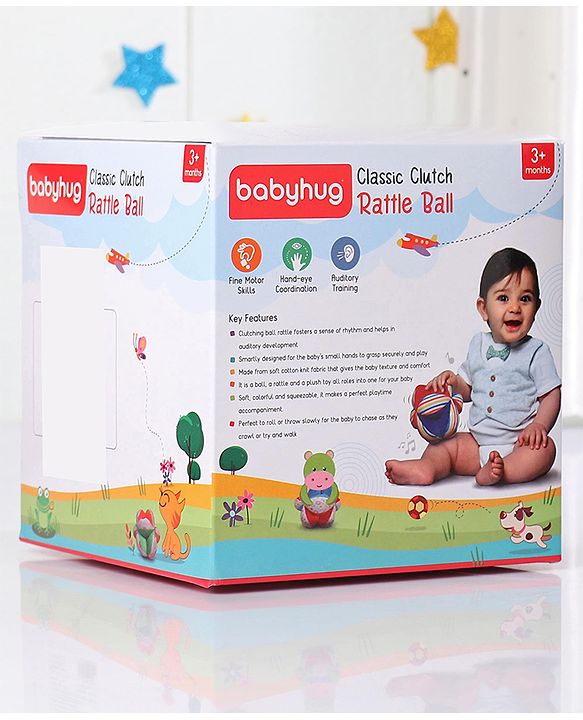 Babyhug Soft Rattle Ball for Infants|Multi-Texture Cotton Fabric with Gentle Sound|Stimulates Sensory, Motor & Visual Development|Lightweight & Easy to Grasp|BIS|Ideal Gift|3+ Months|Multicolor