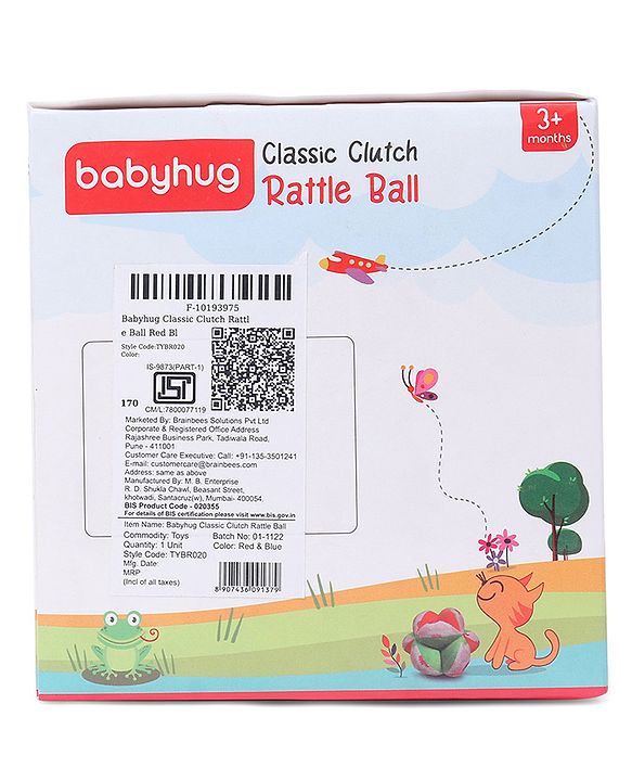 Babyhug Soft Rattle Ball for Infants|Multi-Texture Cotton Fabric with Gentle Sound|Stimulates Sensory, Motor & Visual Development|Lightweight & Easy to Grasp|BIS|Ideal Gift|3+ Months|Multicolor