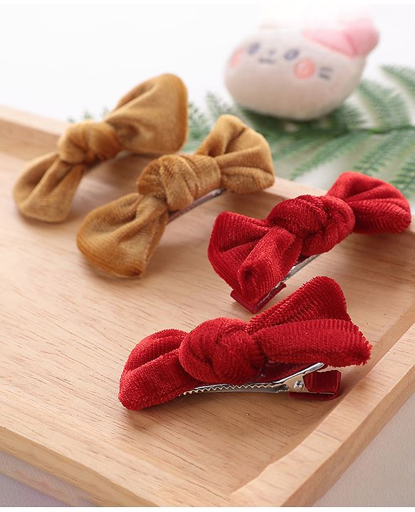 Babyhug Bow & Butterfly Clips Set of 4- Brown & Red
