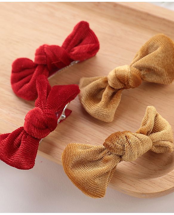 Babyhug Bow & Butterfly Clips Set of 4- Brown & Red