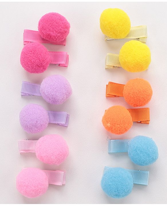 Babyhug Hair Clips With Pom Pom Applique Pack of 6 Pairs - Multicolor