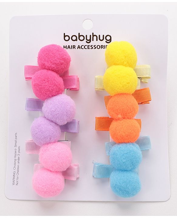 Babyhug Hair Clips With Pom Pom Applique Pack of 6 Pairs - Multicolor