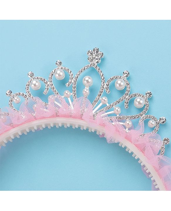 Pine Kids Frilled Hair Band With Crown Applique - Pink