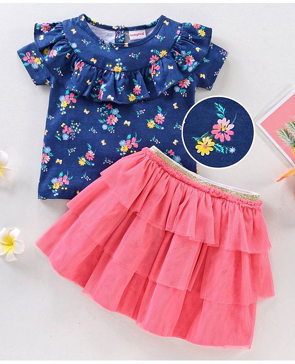Babyhug Half Sleeves Printed Tops and Skirt - Blue Pink