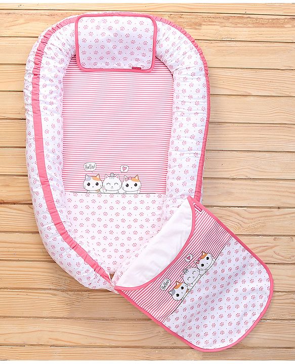 Babyhug Premium 3 Piece Nest Gadda Set With Diaper Changing Mat in Kitty Print - Pink