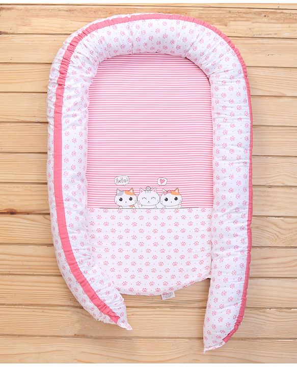 Babyhug Premium 3 Piece Nest Gadda Set With Diaper Changing Mat in Kitty Print - Pink