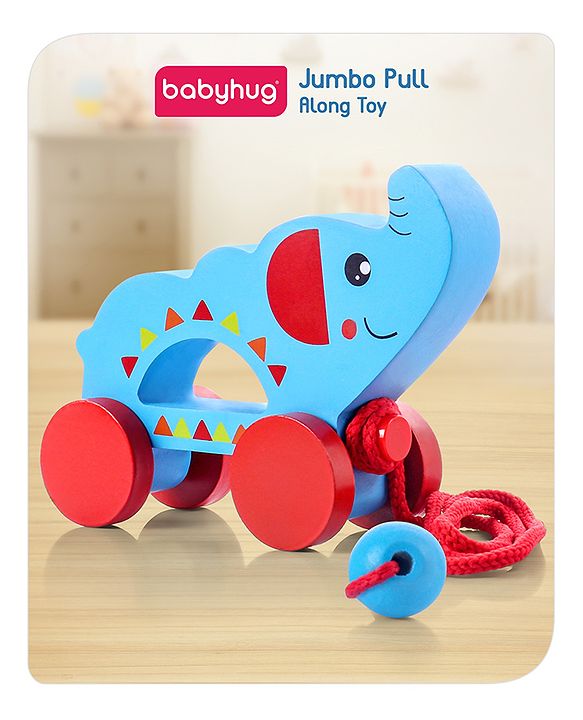 Babyhug Wooden Elephant Pull-Along Toy | Non-Toxic Walker Toy for Babies | Encourages Early Walking, Balance & Coordination | Safe & Durable | Ideal Birthday Gift | Blue | BIS Certified