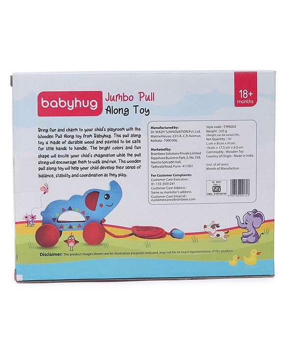 Babyhug Wooden Elephant Pull-Along Toy | Non-Toxic Walker Toy for Babies | Encourages Early Walking, Balance & Coordination | Safe & Durable | Ideal Birthday Gift | Blue | BIS Certified