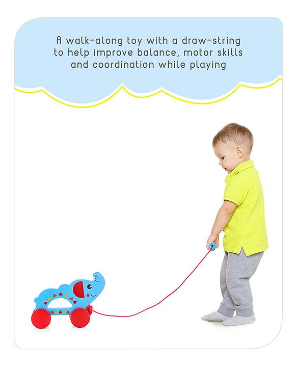 Babyhug Wooden Elephant Pull-Along Toy | Non-Toxic Walker Toy for Babies | Encourages Early Walking, Balance & Coordination | Safe & Durable | Ideal Birthday Gift | Blue | BIS Certified