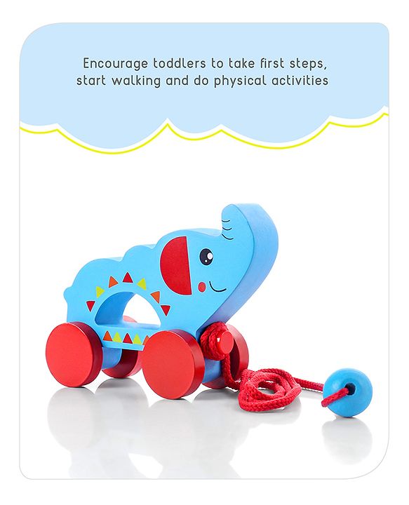 Babyhug Wooden Elephant Pull-Along Toy | Non-Toxic Walker Toy for Babies | Encourages Early Walking, Balance & Coordination | Safe & Durable | Ideal Birthday Gift | Blue | BIS Certified