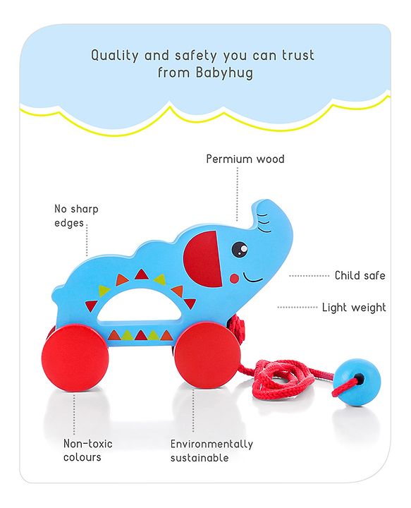 Babyhug Wooden Elephant Pull-Along Toy | Non-Toxic Walker Toy for Babies | Encourages Early Walking, Balance & Coordination | Safe & Durable | Ideal Birthday Gift | Blue | BIS Certified