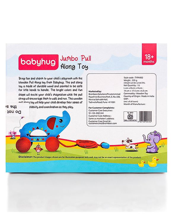 Babyhug Wooden Elephant Pull-Along Toy | Non-Toxic Walker Toy for Babies | Encourages Early Walking, Balance & Coordination | Safe & Durable | Ideal Birthday Gift | Blue | BIS Certified