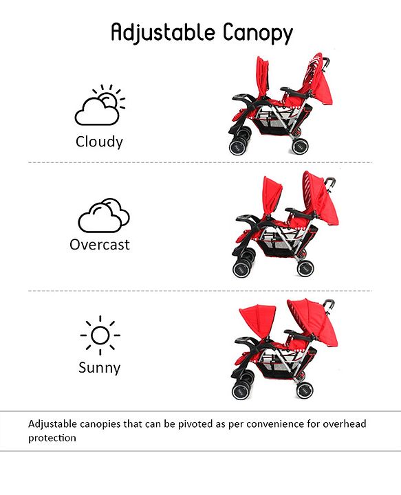 Babyhug Twinster Easy Foldable Twin Stroller with Adjustable Legrest - Red