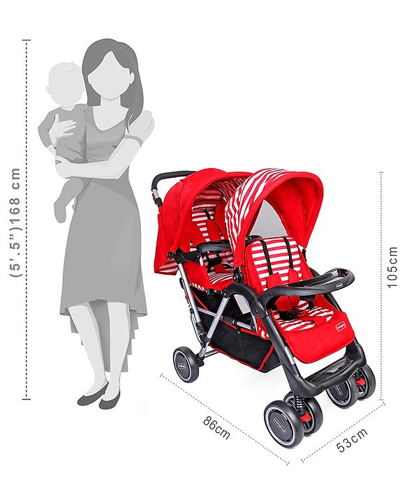 Babyhug Twinster Easy Foldable Twin Stroller with Adjustable Legrest - Red