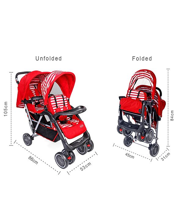Babyhug Twinster Easy Foldable Twin Stroller with Adjustable Legrest - Red