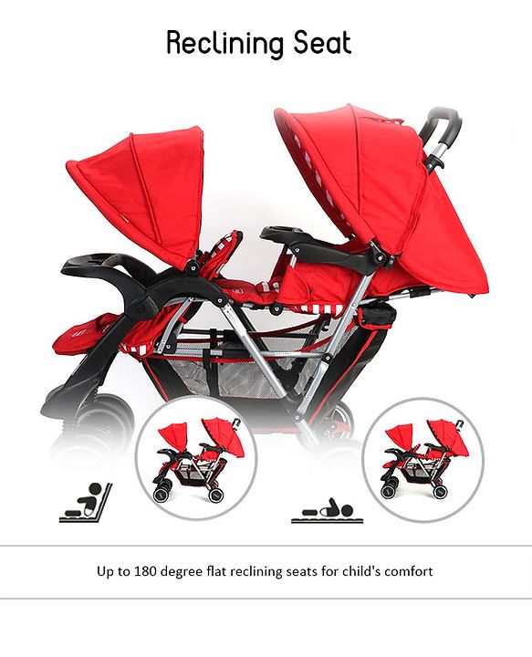 Babyhug Twinster Easy Foldable Twin Stroller with Adjustable Legrest - Red