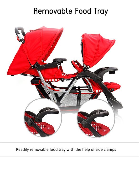 Babyhug Twinster Easy Foldable Twin Stroller with Adjustable Legrest - Red