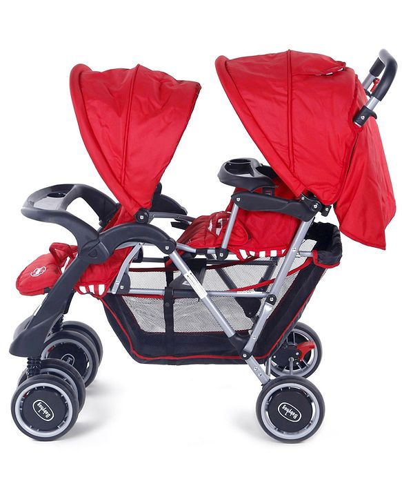 Babyhug Twinster Easy Foldable Twin Stroller with Adjustable Legrest - Red