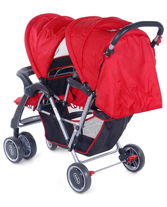 Babyhug Twinster Easy Foldable Twin Stroller with Adjustable Legrest - Red