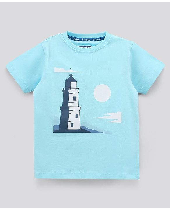 Pine Kids Half Sleeves T-Shirt Tower Print - Blue